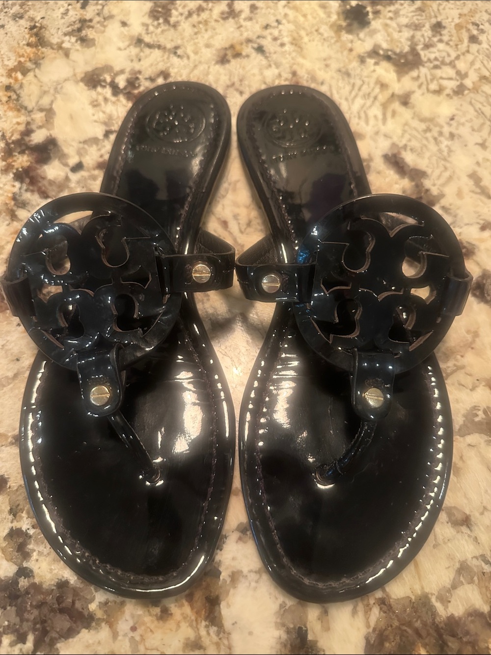 Tory Burch Black Patent Logo Thong Sandals